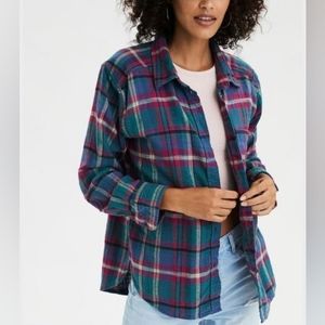 American Eagle Cotton Plaid Boyfriend Fit Flannel Women's S Pink/Blue